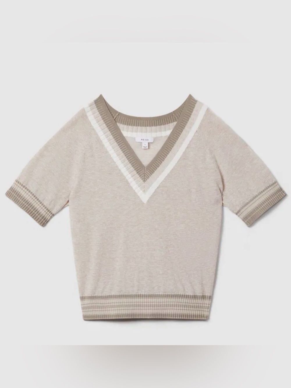 Reiss Beige V-Neck Short Sleeve Sweater with Cream and Tan Trim